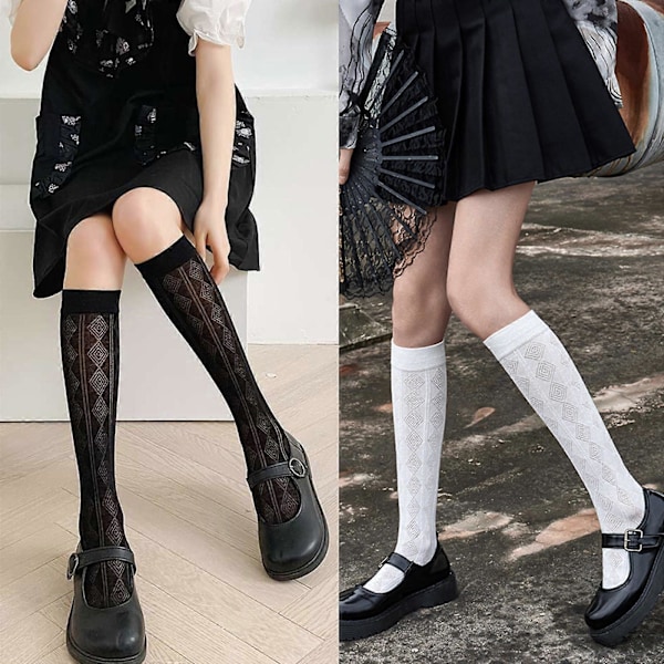 Dame Sommer Tynde Knæhøje Strømper Lolita Diamantstribet Jacquard Læg Strømper