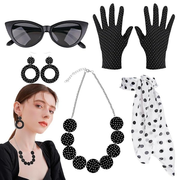 1950'er Damekostume Polka Dot Accessories 5 stk Retro Disco Outfit Kvinder Fest Outfits Til Kvinder Piger Black