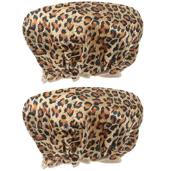 2 st Duschmössor Dubbla Lager Peva Vattentäta Elastiska Badmössor Hårskyddsmössor (Leopardtryck)