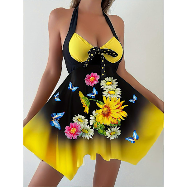 Nya modeller Vibrant Sunflower Print Tvådelad Tankini Set - Halterneck & Kjolkantade Underdelar - Mångsidiga Badkläder för Kvinnor