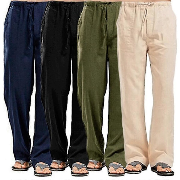 Herre Bomulls- og Linbukser Sommer Ensfarget Pustende Linbukser Casual Elastisk Midje Treningsbukser for Menn