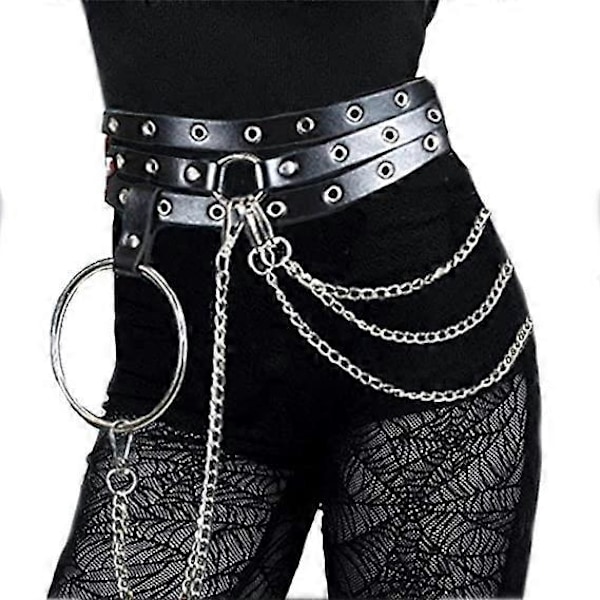 Punk Midjebälte Kedja Läder Svart Magkedjor Lager Goth Kroppssmycken för Kvinnor och Flickor