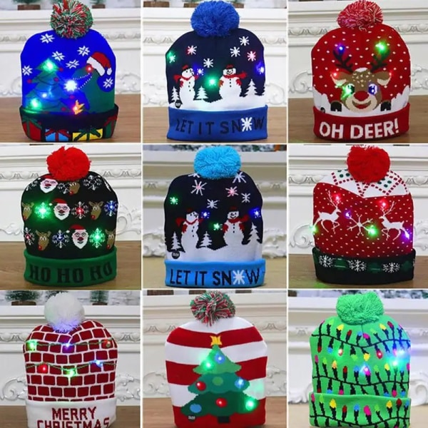 Julehatte Sweater Santa Elk Strikket Beanie Hat Med LED Lys Op Tegneseriemønster Julegave Til Børn Nytårsartikler Style 13