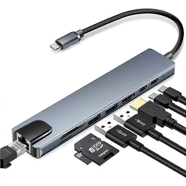 8-in-1 Type-C - USB 3.0 -keskitin USB-C HDMI LAN RJ45 SD TF -sovitin Macbook-kannettavalle