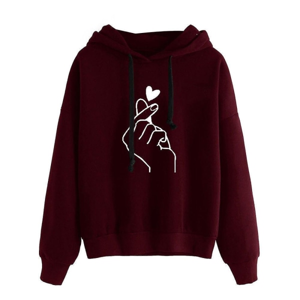Kvinder trykte hættetrøjer Langærmet hættetrøje Casual Løse Pullover Toppe Wine Red M
