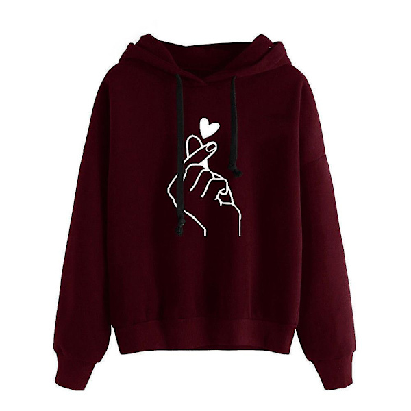 Kvinner trykte hettegensere Langermet hette genser Uformell Løse Pullover Topper Wine Red L