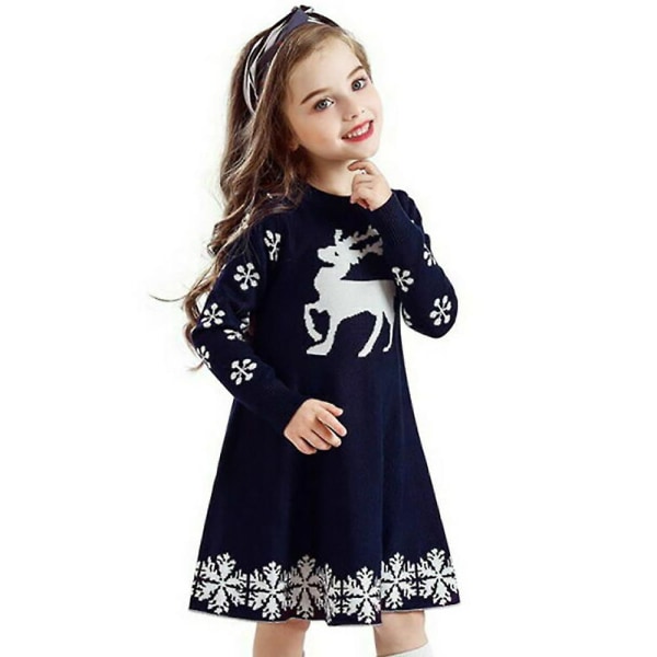 Jul Barn Jenter Reinsdyr Snowflake Print Jumper Kjole Langermet Strikket Swing A-linje Genser Kjoler Julefest kostyme Blue 4-5 Years