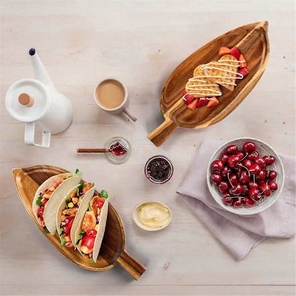 2 stk. tre serveringsbrett, 33 cm x 14 cm bladformede matserveringsbrett for underholdning, lite ostefat