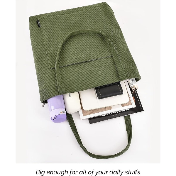 Corduroy Tote Bag For Dame Stor Skulderveske Med Glidelås Og Lommer For College Skole Arbeid Reise Shopping