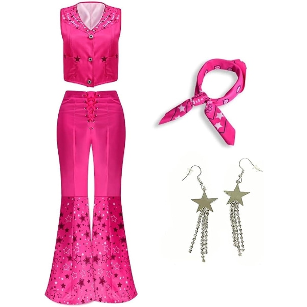 Cowgirl kostume 70'er 80'er Hippie Disco Outfits Pink Vest Top Flare Pant Halloween Margot Robbie Cosplay Til Dame tørklæde Øreringe medfølger ikke Rosy 3XL