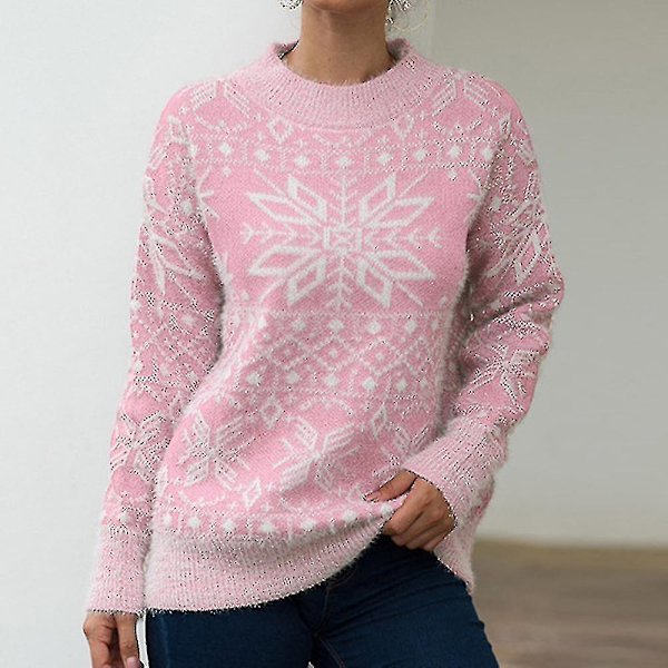 Christmas Genser Dame Christmas Snowflake Varm Genser Strikket O-hals Genser Pink M