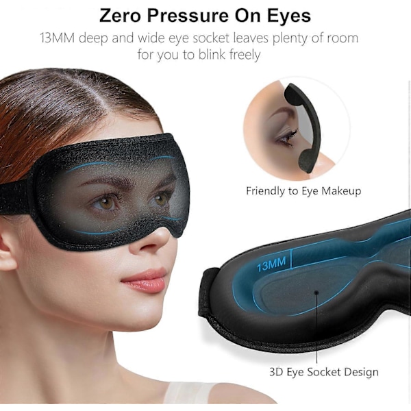 3D Sovemaske til Sidesovere, 100% Lysblokering, Memory Foam Øjenmaske til Mænd og Kvinder, Rejse, Sort