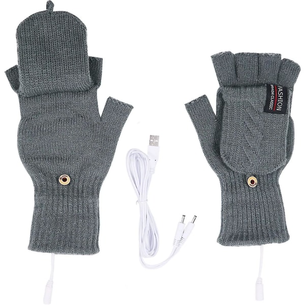 Termisk opvarmede handsker til mænd, kvinder, opvarmede vanter Usb elektriske håndvarmere Genopladelige, vaskbare, fulde og halve hænder, varme handsker til indendørs eller udendørs Gray