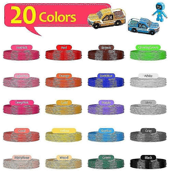 3D Pen Filament PLA Refills 20 Farver, 5 m pr. Farve Total 100 m 1.75mm Premium Filament til 3D Print Pen Medfølger