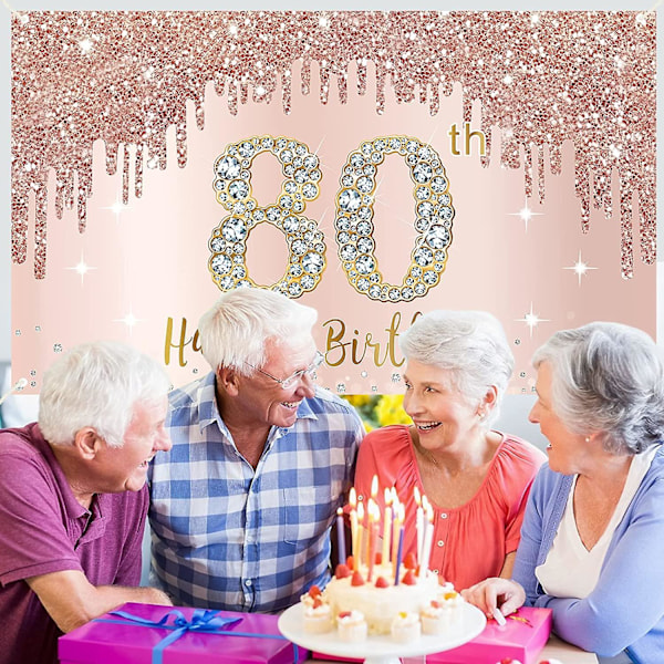 Hyvää 80-vuotissyntymäpäivää -banneritausta koristeet naisille, ruusukultainen 80-vuotissyntymäpäiväjuhlien kyltti tarvikkeet, vaaleanpunainen 80-vuotiaan syntymäpäiväjuliste tausta valokuvaus