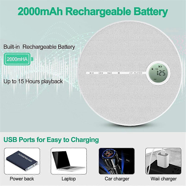 Oppladbar Bluetooth CD-spiller, Musikk CD-diskspiller for bil/reise, Hjemmelyd med stereohøyttaler
