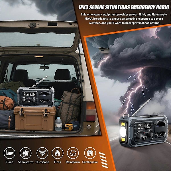 Nödväderradio, 8000mAh Solcell & Vevradio