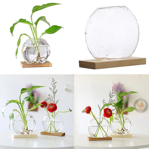 Glas Hydroponisk Blomkruka Vas Terrarium Behållare med Ställ Trä
