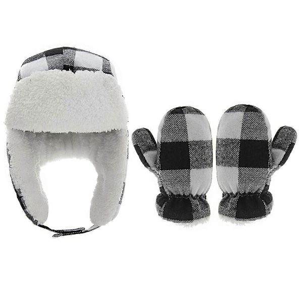Vinter Varm Baby Rutmönster Öronlapp Hatt Handskar Set Mjuk Bomull Lei Feng Mössor Vante Kit för Barn Flickor Pojkar