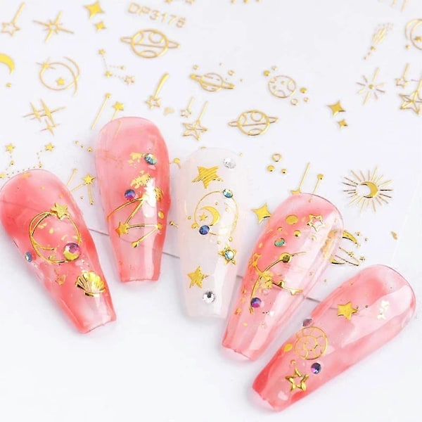 Stjärn-nagelstickers för nagelkonst 3D Självhäftande Nagelkonstdekaler 12 Ark Guldstjärna Måne Designer Nagelstickers för Kvinnor Flickor DIY Nageldekorationer