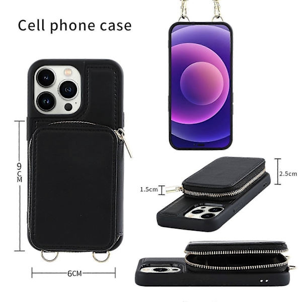 Plånboksfodral för iPhone 15 Pro Max/ 15 Ultra, Läderplånboksfodral med korthållare, Skyddande handväska Flip Cover med dragkedja, handledsrem och snodd