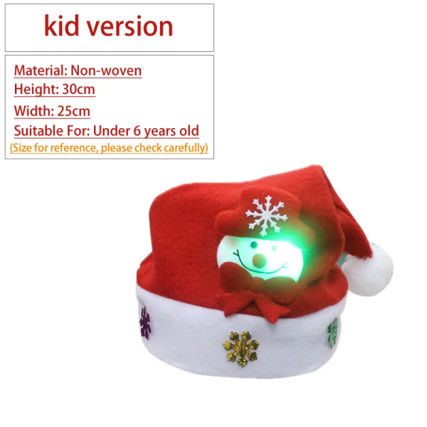 2024 Sød Julehue Børn/Voksne Rød Ikke-vævet Plys Kasket Led Lys Julemandshat Til Hjemmekontor Bar Julefest dekoration Kid Snowman Light