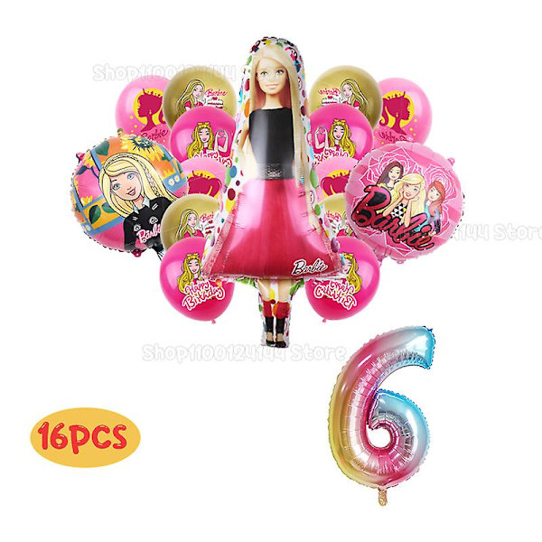 Barbiee-dukke Fødselsdagsfest Dekorer forsyninger Pink pigetema Bordservice Kop Tallerken Ballon Baby Shower Prinsesse Fest Decor Gaver 16pcs set 6