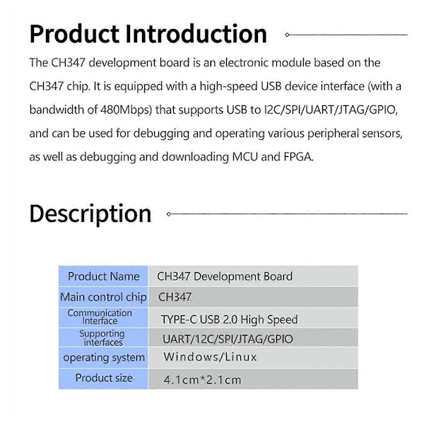 CH347T Kehityskorttimoduuli USB2.0 Nopea USB - UART / I2C / SPI / JTAG / GPIO Avoin Lähdekoodi