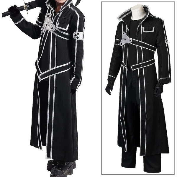 Herr Anime Sao Kirito Cosplay kostym Svart jacka Lång mantel kostym Full Set Halloween Outfit med peruk för kvinnor L