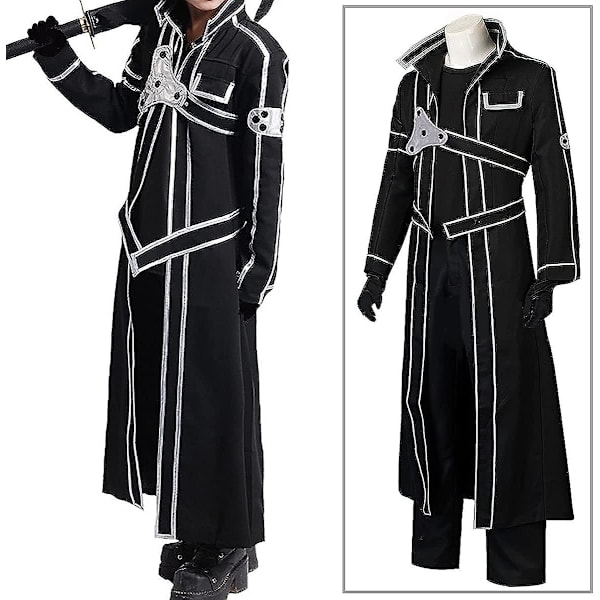 Miesten anime-anime Sao Kirito Cosplay-asu, musta takki, pitkä viitta? Täysi set Halloween-asu peruukilla naisille XL