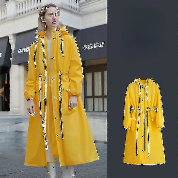 Lang regnfrakke til kvinder, vandtæt poncho med hætte
