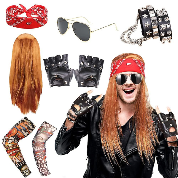 Rock Star 80'er Heavy Metal Kostume Tilbehør Halloween Disco Rock Fantasy Kostume Paryk Bandana Solbriller Kranie Armbånd Handsker