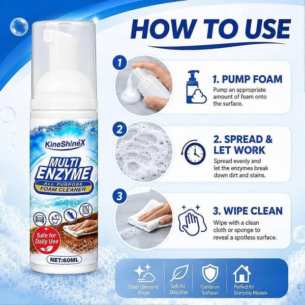 60 ml Multi-enzym skumrensespray, Multi-overflade husholdningsskumrenser til køkken, tæpper, polstring og bilinteriør 1pcs