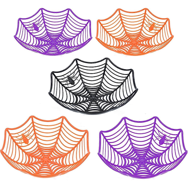 5-pakning Halloween Edderkoppnett Skåler - Plastkurv Halloween Godteriskåler for Knask eller Knep