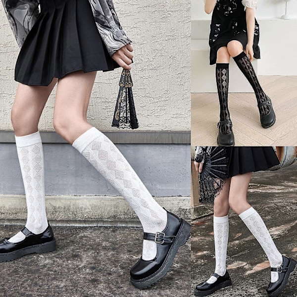Dame Sommer Tynde Knæhøje Strømper Lolita Diamantstribet Jacquard Læg Strømper
