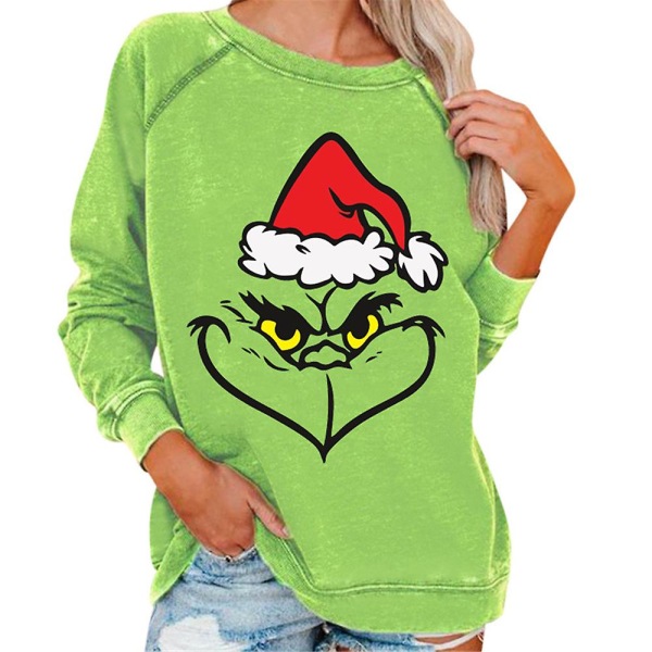 Jul Kvinder The Grinch Print Langærmet T-shirt Casual Pullover Sweatshirt Bluse Toppe style 4 M