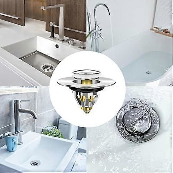Bunnpropp, Universal Pop UP Ventil, Bunnventilsett, Avløpsstopper Full Metallstopper med Anti-Tett Sil og 2 Koblinger for Vask 37-41mm