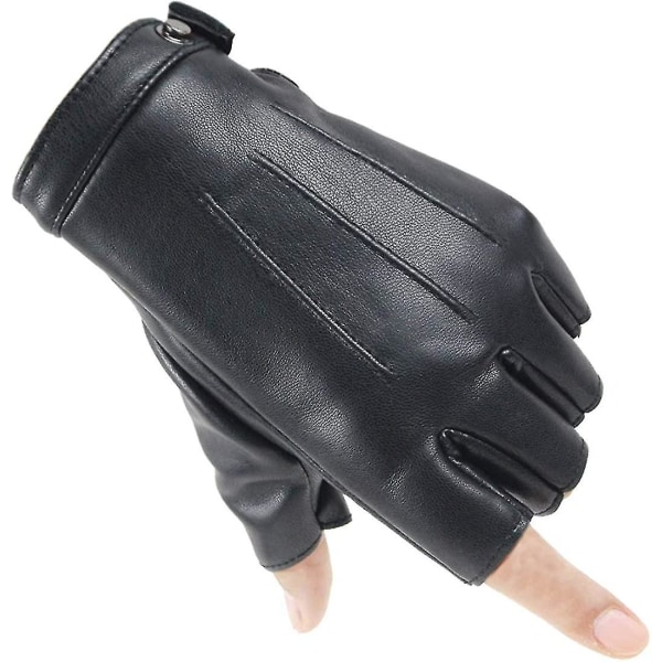 Mænd Halvfinger Læderhandsker Vinterkørsel Fingerløse sorte handsker med fløjl (sort)