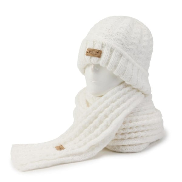 Naisten talvi lämmin neulottu pipo hattu set pitkä kaula, lämpimämpi huivi Ski Skull Caps White