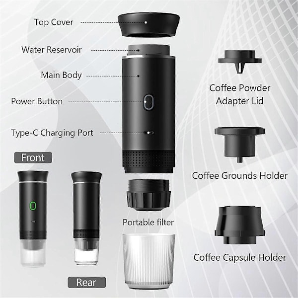 Elektrisk Portabel Espressomaskin Kaffemaskin för Camping Svart