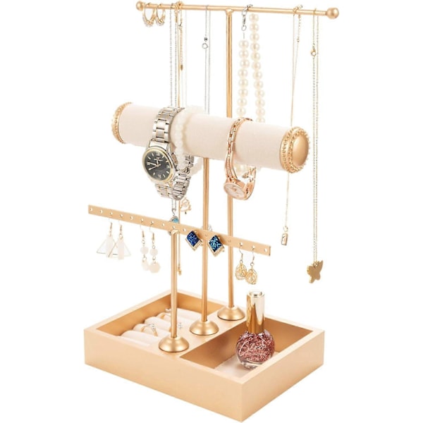 Elegant Antik Bronze T-Formet 3-Lags Smykkestativ til Halskæder, Armbånd og Ure (Guld)
