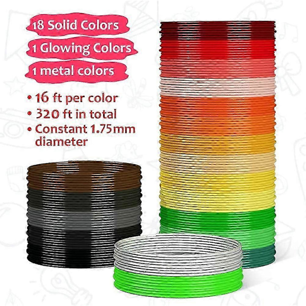 3D Pen Filament PLA Refills 20 Farver, 5 m pr. Farve Total 100 m 1.75mm Premium Filament til 3D Print Pen Medfølger