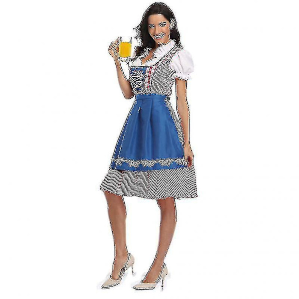 Hurtig levering Højkvalitets traditionel tysk plaid Dirndl-kjole Oktoberfest-kostume-outfit til voksne kvinder Halloween fancy fest Style2 Blue 2XL