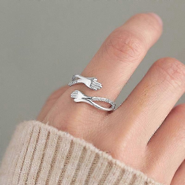 S925 Sterling Silver Kramringar för Kvinnor Flickor, Öppen Kramande Hand Löftesring, Mors Dag Alla Hjärtans Dag Födelsedagspresenter
