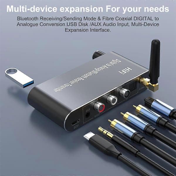 Bluetooth 5.1 Sender Mottaker Digital til Analog Audio Konverter DAC Trådløs Adapter, Koaksial til A