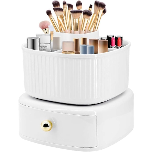 Makeup Organizer, 360 Graders Roterende Makeup Organizer med Skuffe, til Værelsesindretning, Toiletbord, Soveværelse, Badeværelse (Hvid)