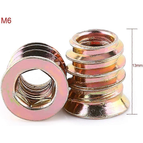 Pakke med 20 stk M6 sinklegering gjengede sekskantmuttere, sinklegering innsettingsmuttere sortiment (M6*13mm)