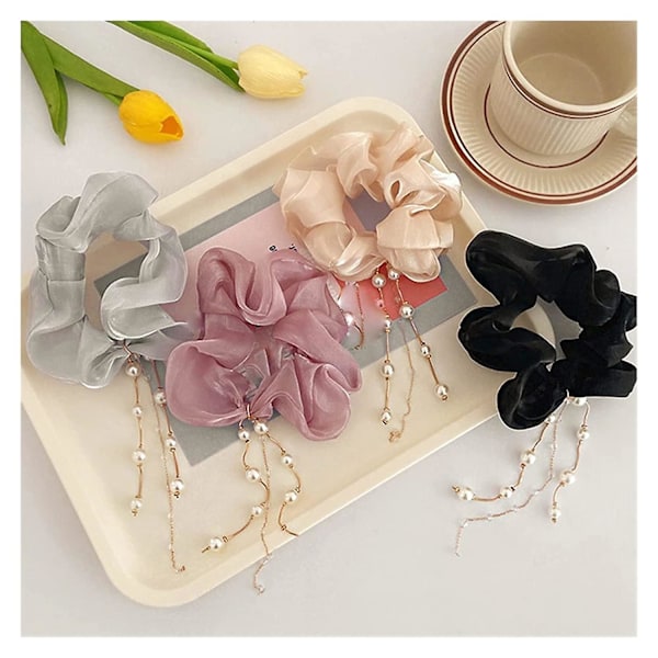 Lxrzls Elegante dame perler rhinestone kvast chiffon stor tarm elastiske hårbånd sød hårelastik scrunchie hårtilbehør (farve: grå)
