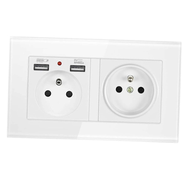 Fransk 2.1A USB Veggkontaktlader 16A Doble Stikkontakter Multiplugg