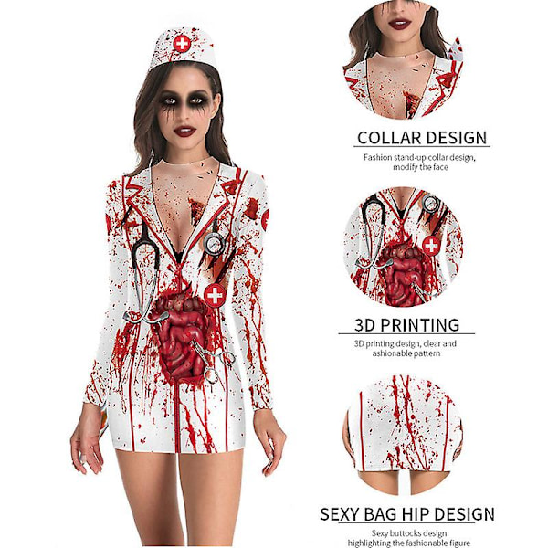 Kvinders Halloween-kostume Skeletkjole Langærmede Stretchy Kort Mini Kjole style 3 XL
